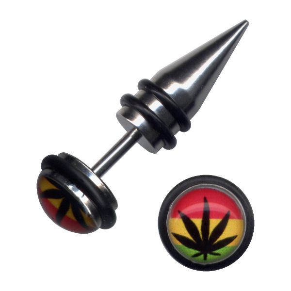 Fake Dehnungsstab Plug Chirurgenstahl Cannabis Blatt Rot Gelb Grün 1,2mm