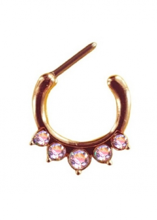Clicker Ring Hinge Surgical Steel Rose Gold Golden 5 Big Crystals Aurora Borealis
