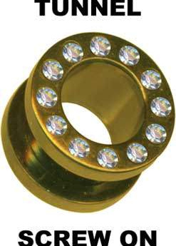 Tunnel Flesh Surgical Steel Gold Crystals White Clear Screw