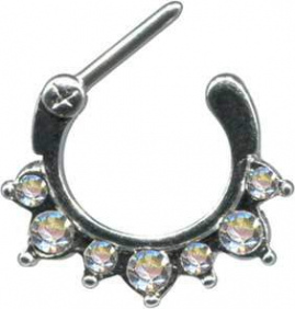 Clicker Ring Chirurgenstahl Silber Stahlfarben 7 Große Kristalle Weiss Klar