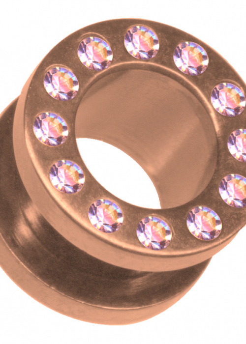 Tunnel Flesh Surgical Steel Rose Gold Crystals Aurora Borealis Screw