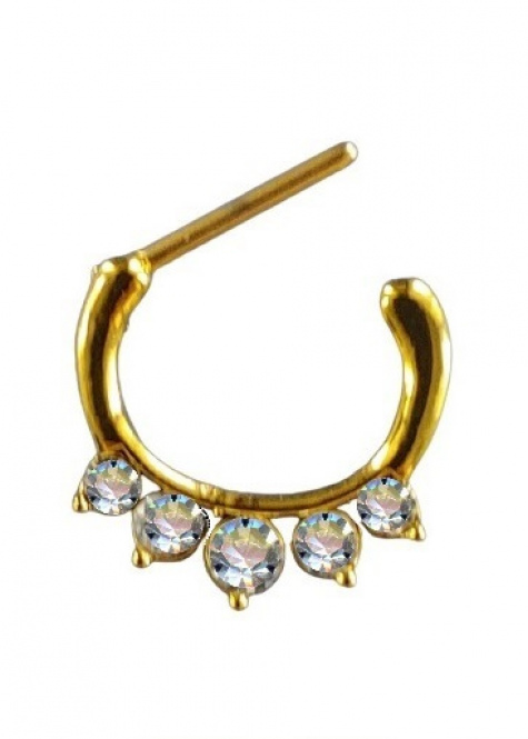 Clicker Ring Hinge Surgical Steel Gold Golden 5 Big Crystals Clear White