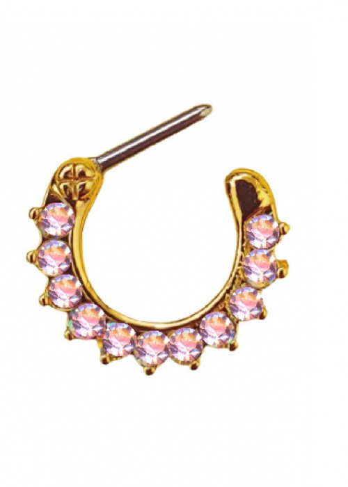 Clicker Ring Hinge Surgical Steel Gold Golden 11 Crystals Aurora Borealis