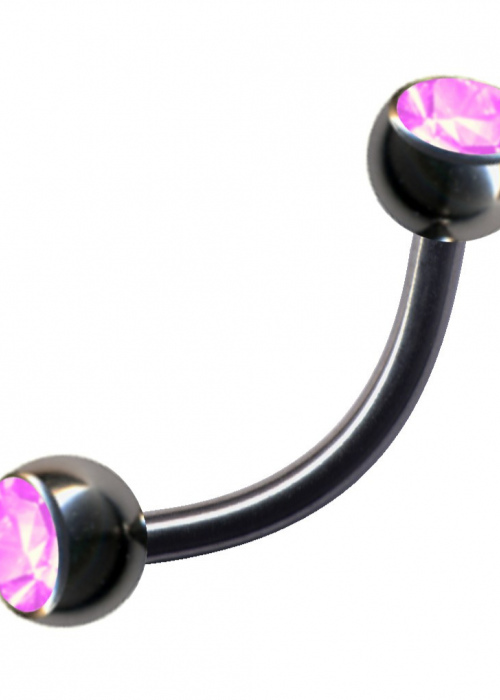 Banana Titanium Silver Curved Barbell 2 Crystals Pink Rose