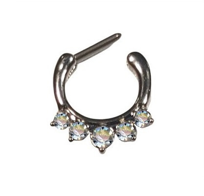 Clicker Ring Chirurgenstahl Silber Stahlfarben 5 Große Kristalle Weiss Klar