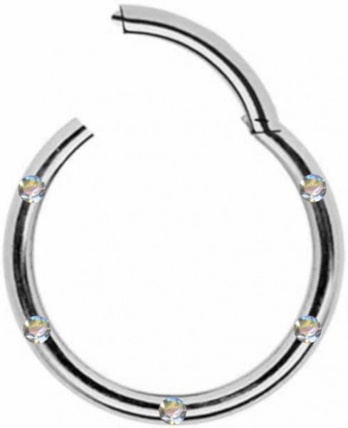 Clicker Ring Chirurgenstahl Silber Stahlfarben 5 Kristalle Weiss Klar